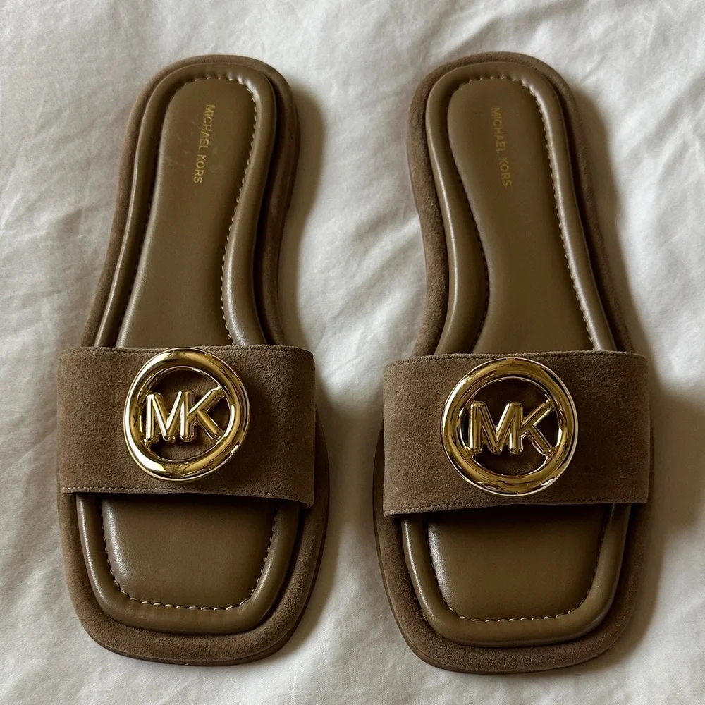 Michael Kors Suede Slides with Gold Emblem